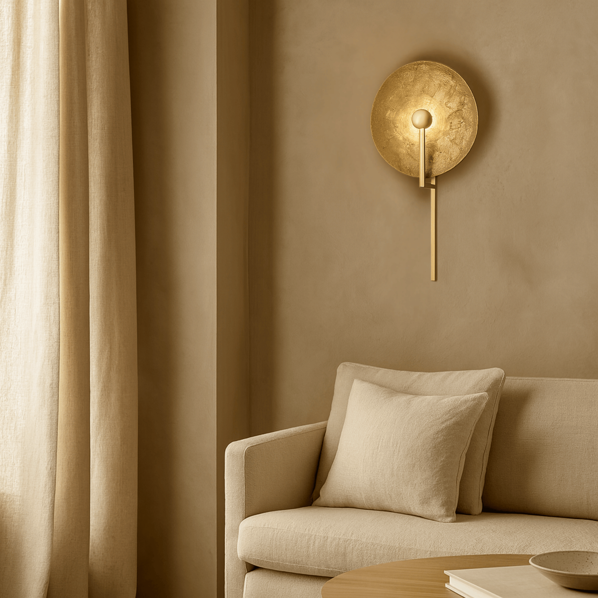 Beige wall lamp on a beige wall above a beige sofa with a beige curtain.