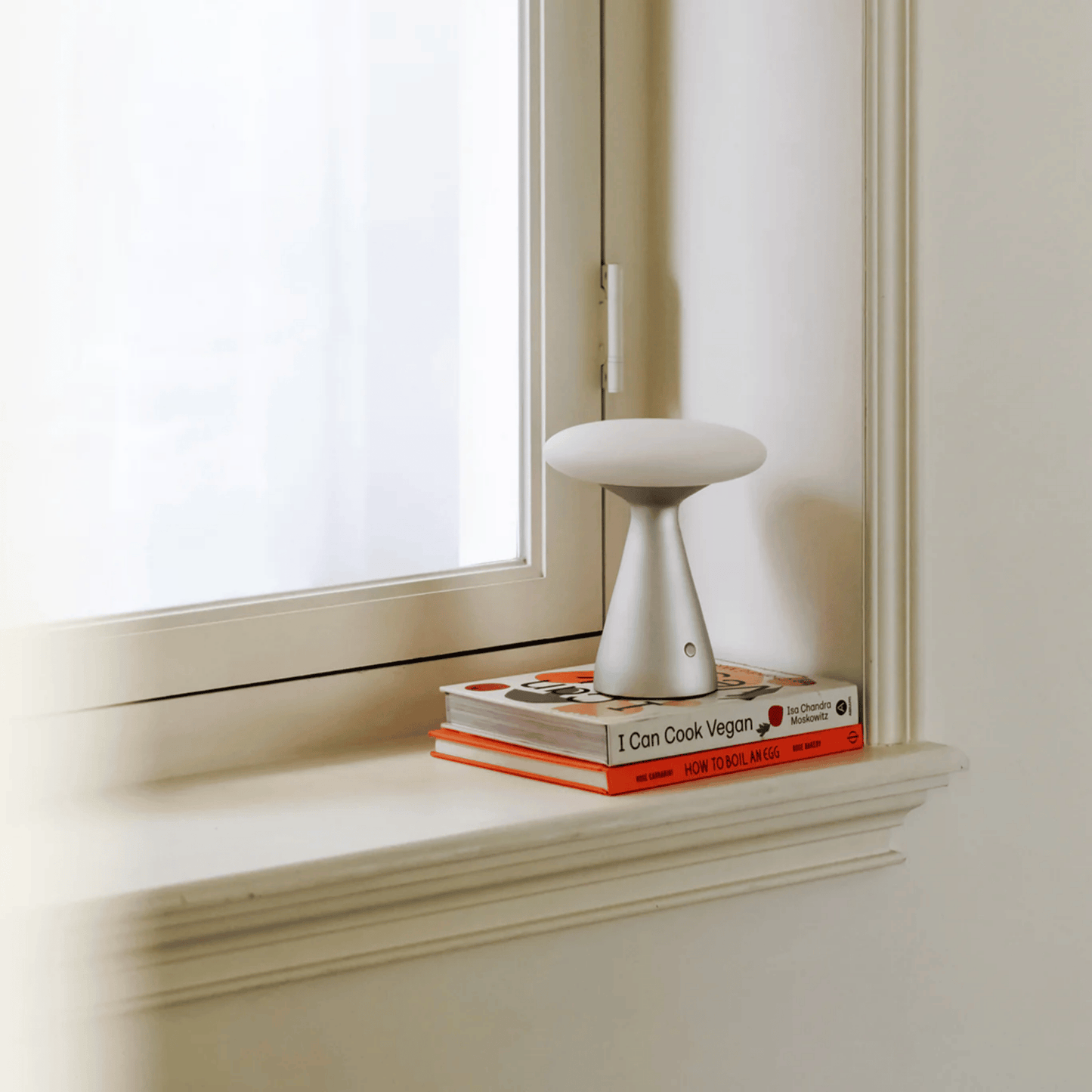 White lamp on a stack of books by a window