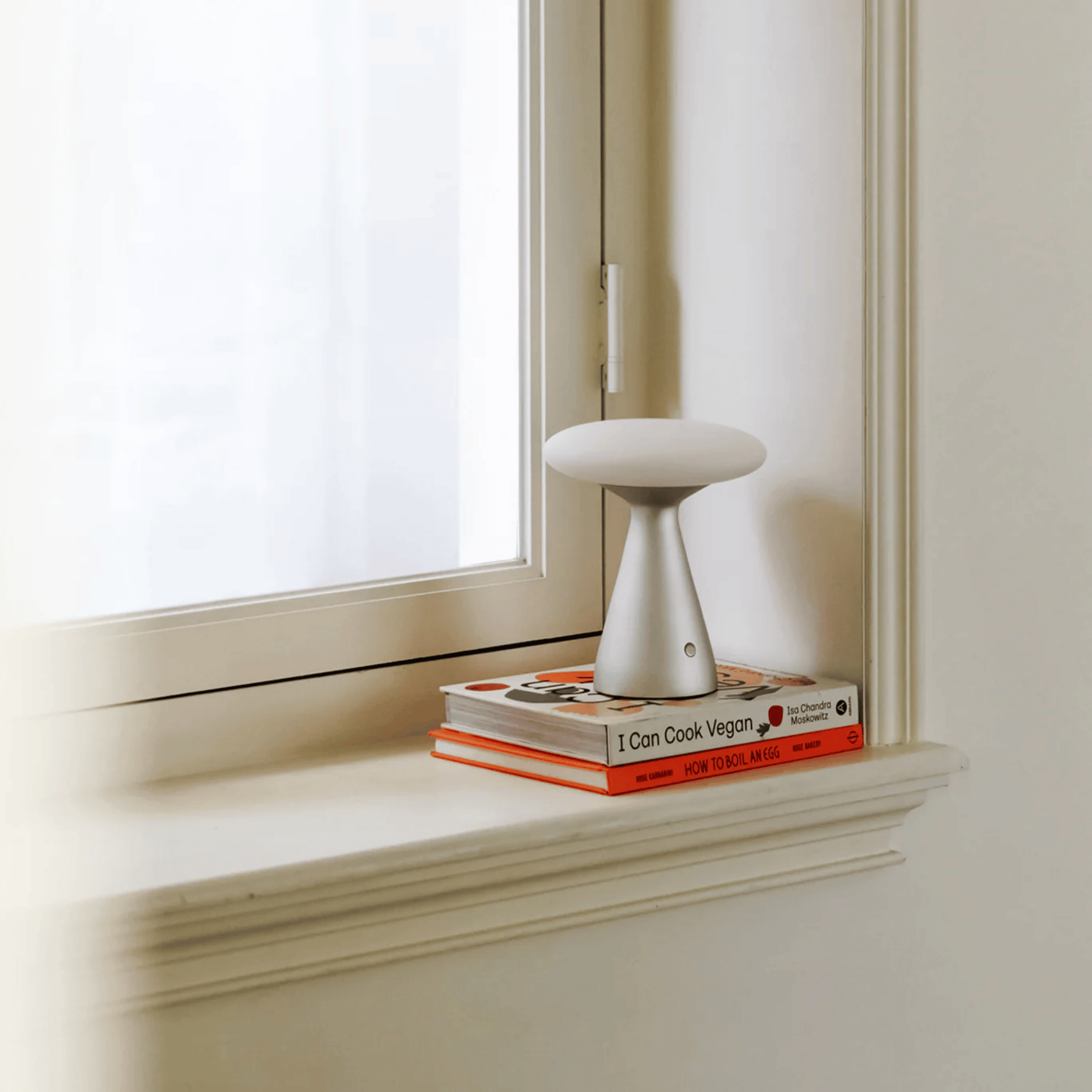 White lamp on a stack of books by a window