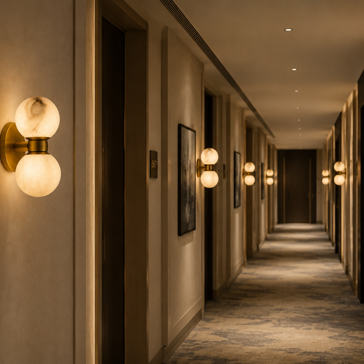 Long hallway with lit wall sconces in a hotel setting