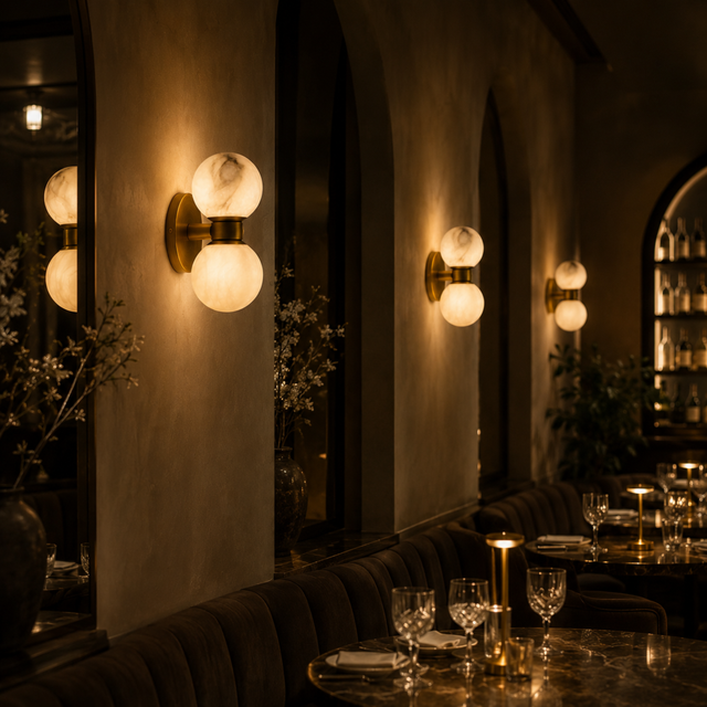 Dining area with wall-mounted lights and a cozy ambiance