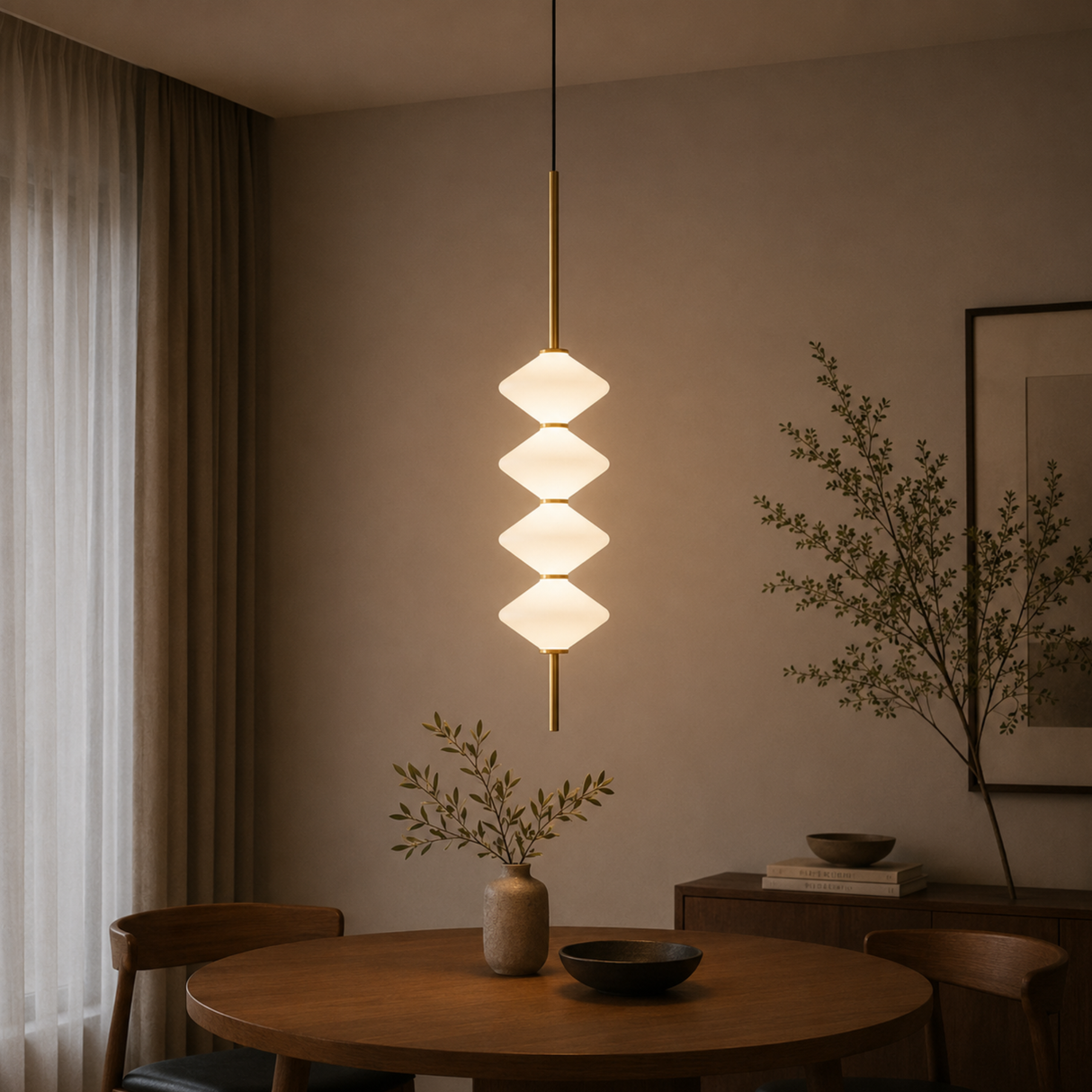 Modern pendant light fixture in a room with a table and decorative elements.