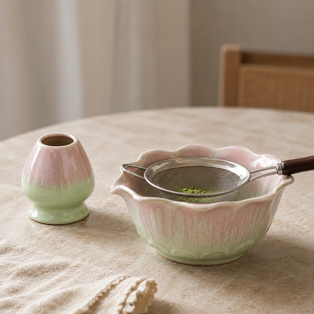 A ceramic matcha whisk bowl with a scalloped rim, shown alongside a small matching pink and green ceramic scoop on a beige tablecloth. A metal sieve rests inside the bowl.