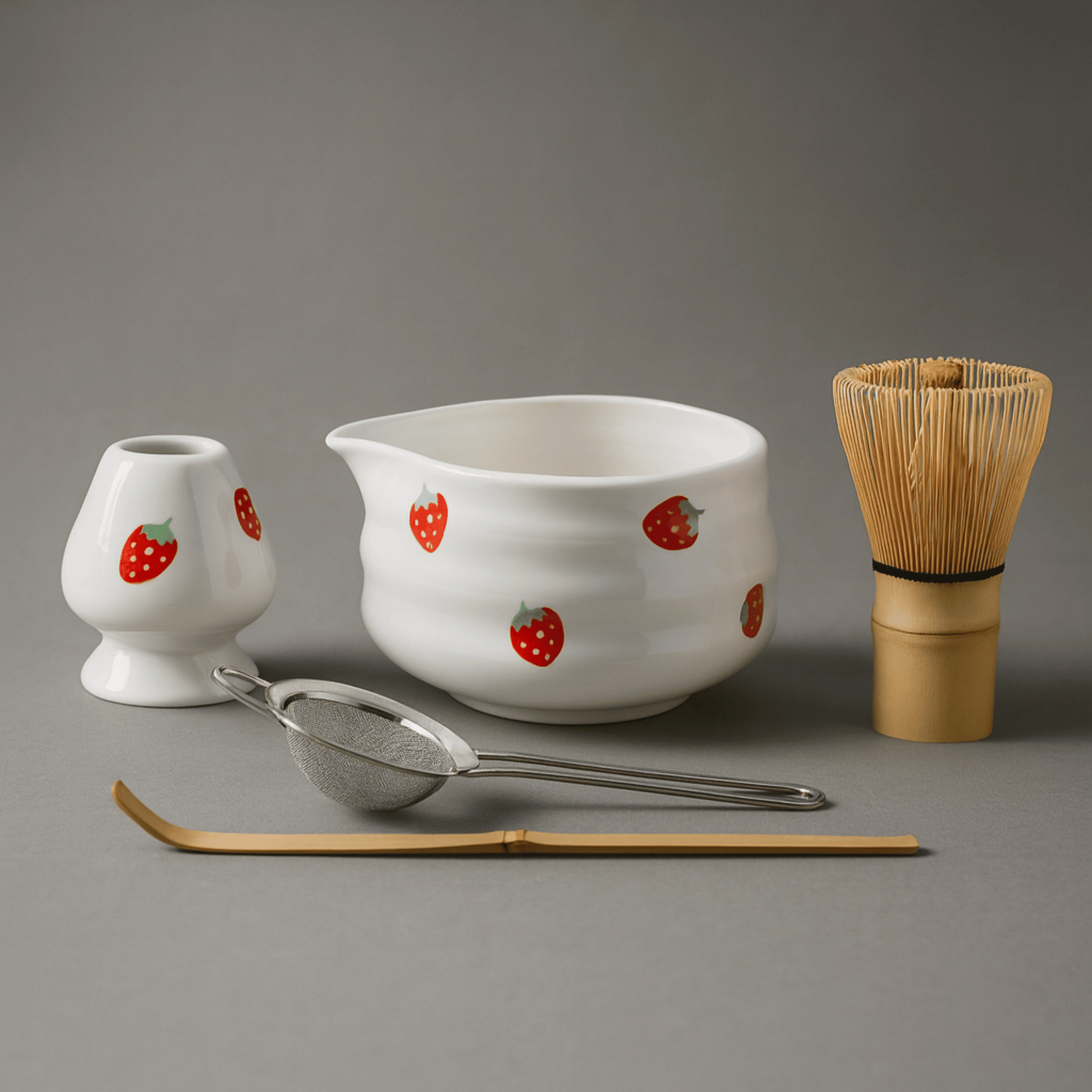 Tea-making set with white ceramic bowl, small cup, bamboo whisk, and other tools on a gray background