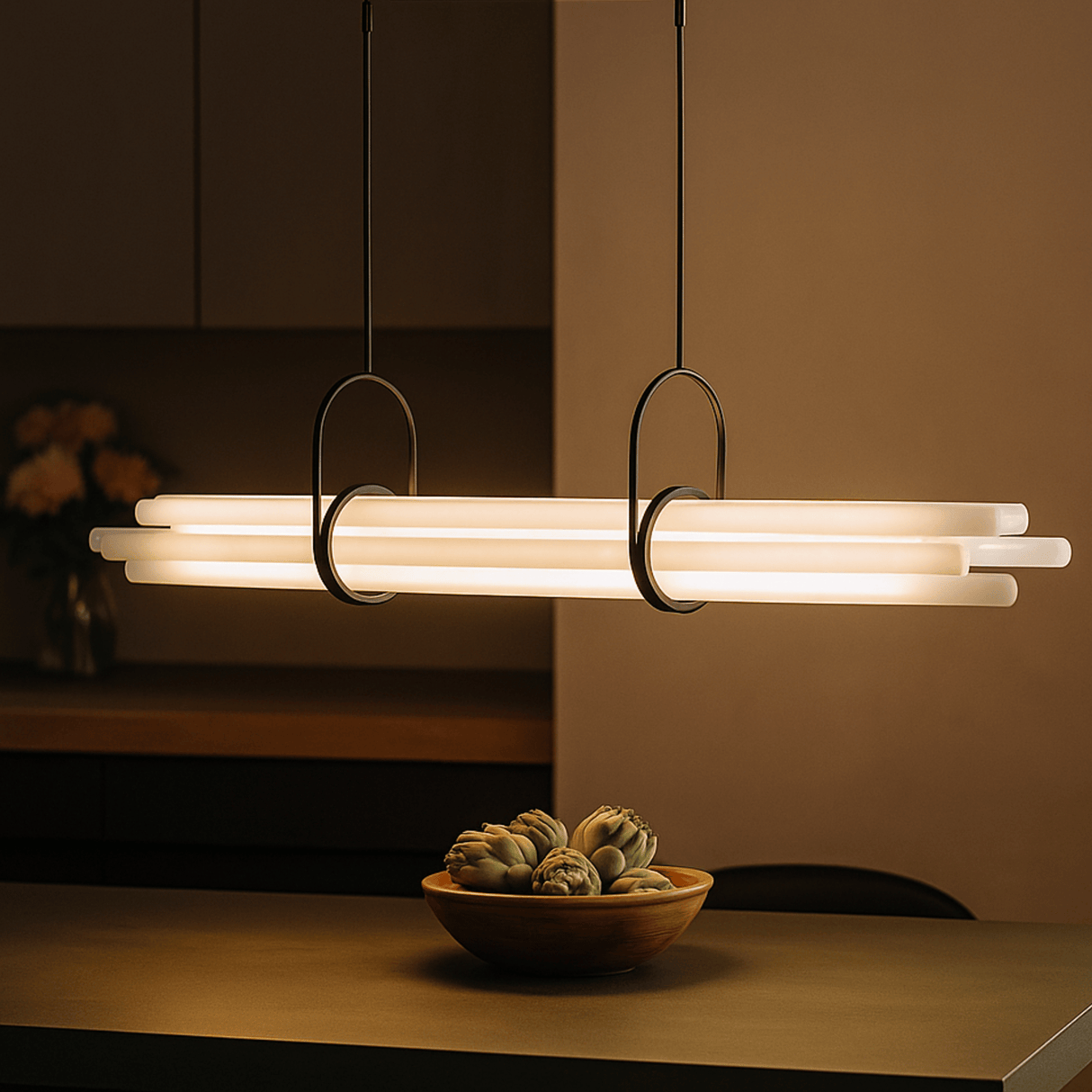 Modern pendant light fixture with a bowl of fruit on a table in a dimly lit room.