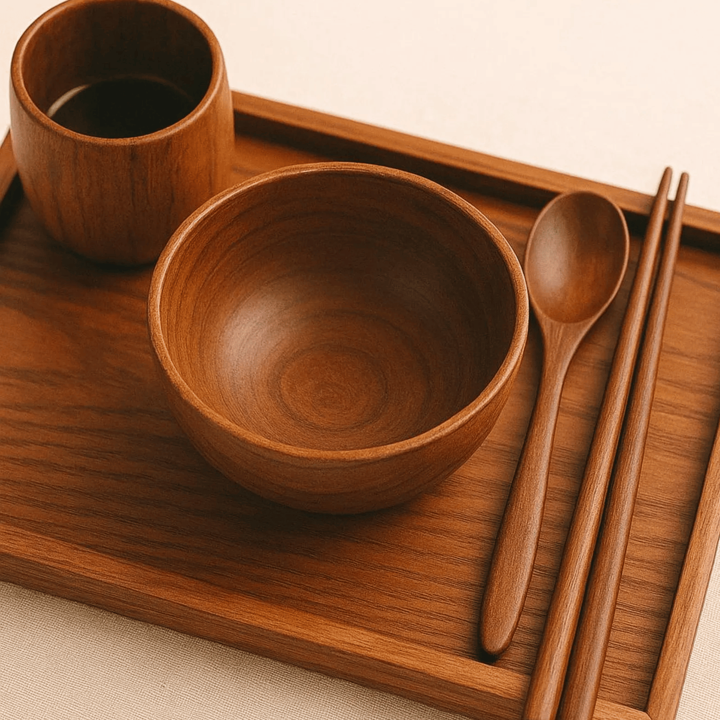 Wooden dining set with bowl, spoon, chopsticks, and cup on a tray.