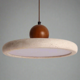 Pendant light with beige concrete shade and brown spherical fixture on a white background
