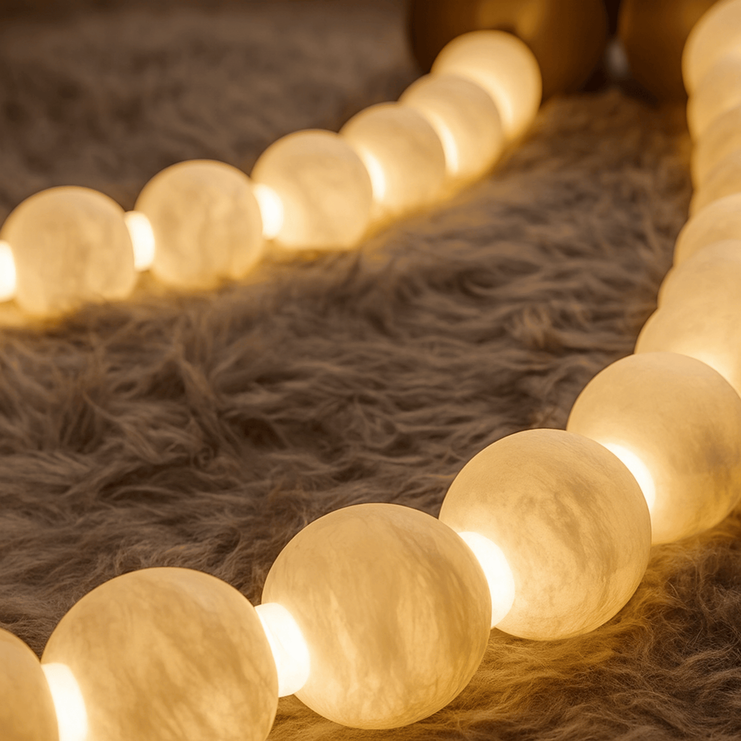 String of glowing white lights on a textured surface