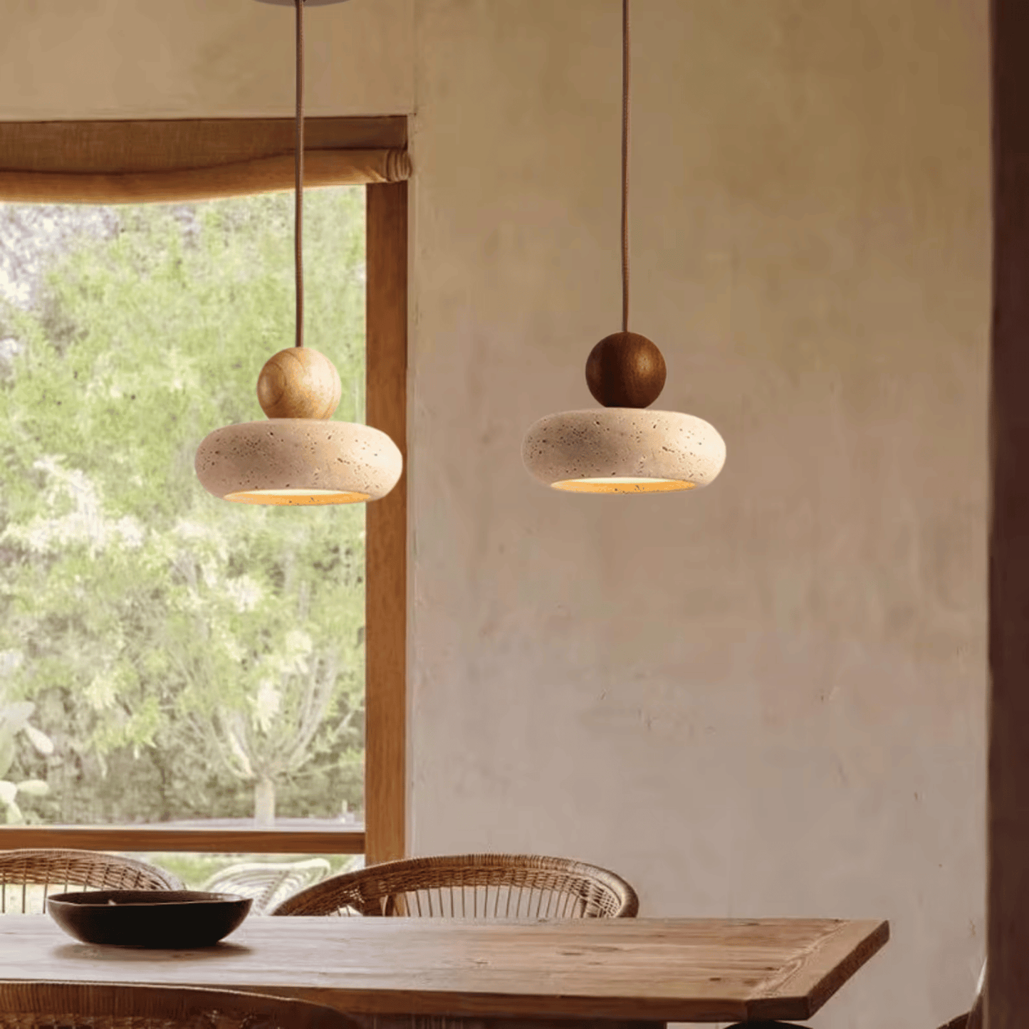 Sunlace Agate Pendant Lamp LED hanging above a rustic dining table, blending natural stone elegance with warm ambient lighting.