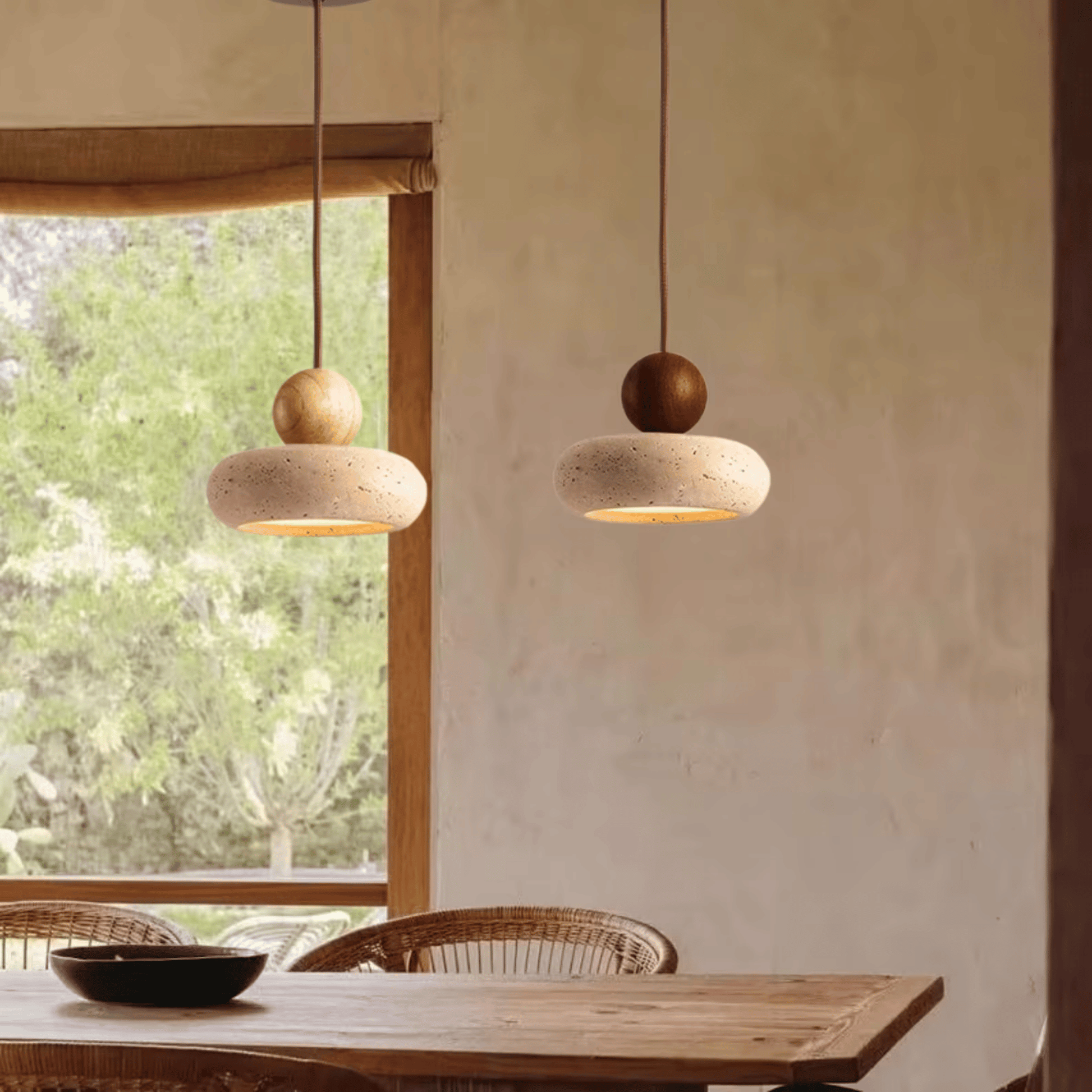Sunlace Agate Pendant Lamp LED hanging above a rustic dining table, blending natural stone elegance with warm ambient lighting.