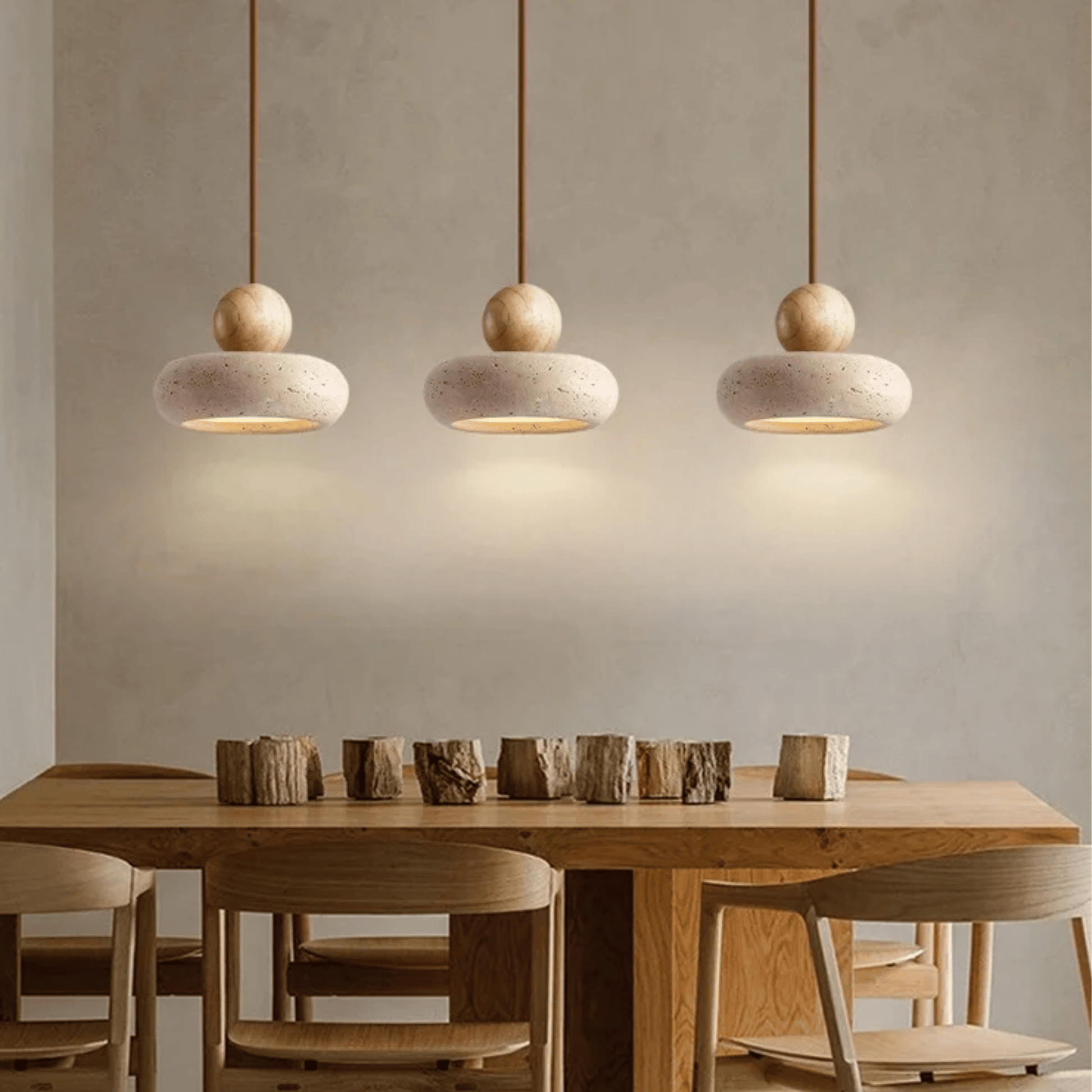 Three Sunlace Agate Pendant Lamp LEDs suspended over a wooden dining set, enhancing the space with natural stone charm and soft LED glow.