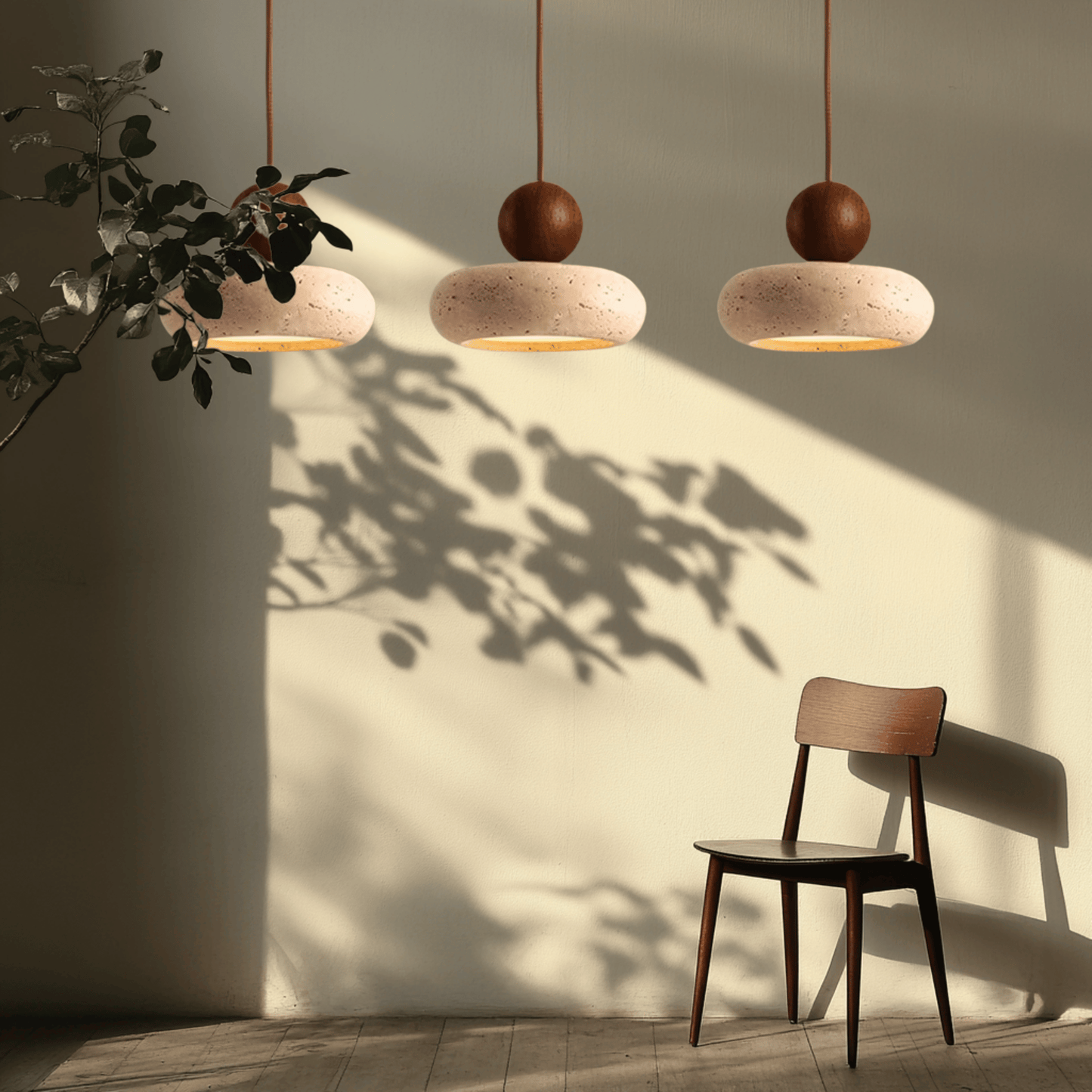 Sunlace Agate Pendant Lamp LED trio casting warm light in a minimalist room, highlighting the natural stone texture and organic design.