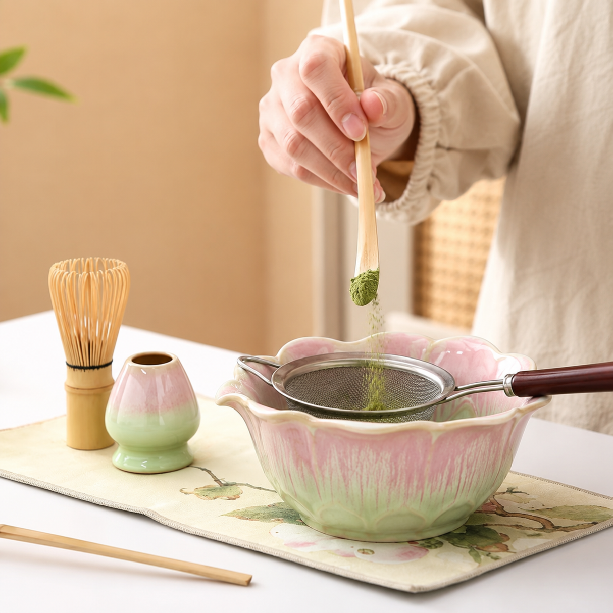 A person in a beige robe is preparing matcha tea, holding a bamboo whisk over a pink and green ceramic bowl with a metal sieve, on a decorated mat with a bamboo whisk and small vase nearby.
