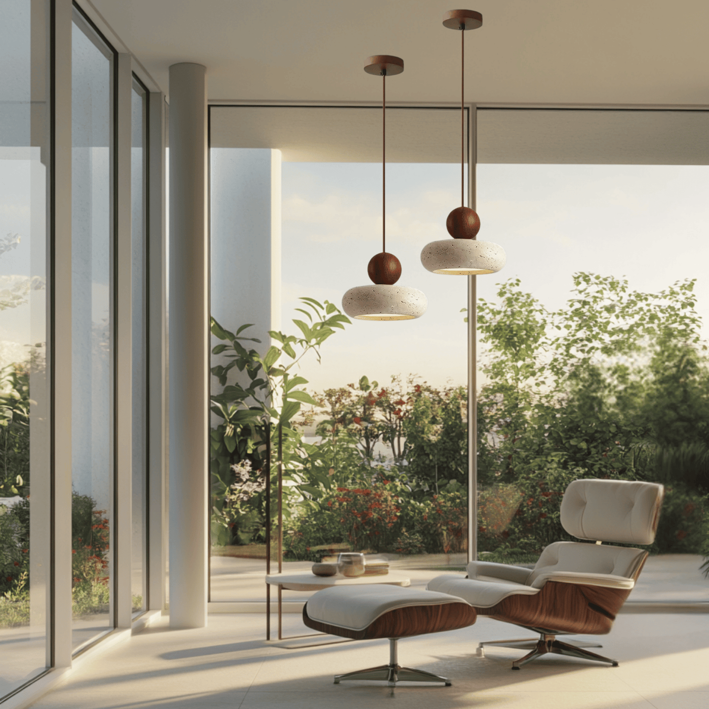 Sunlace Agate Pendant Lamp LED pair illuminating a modern lounge area with floor-to-ceiling windows and garden views, exuding natural elegance.