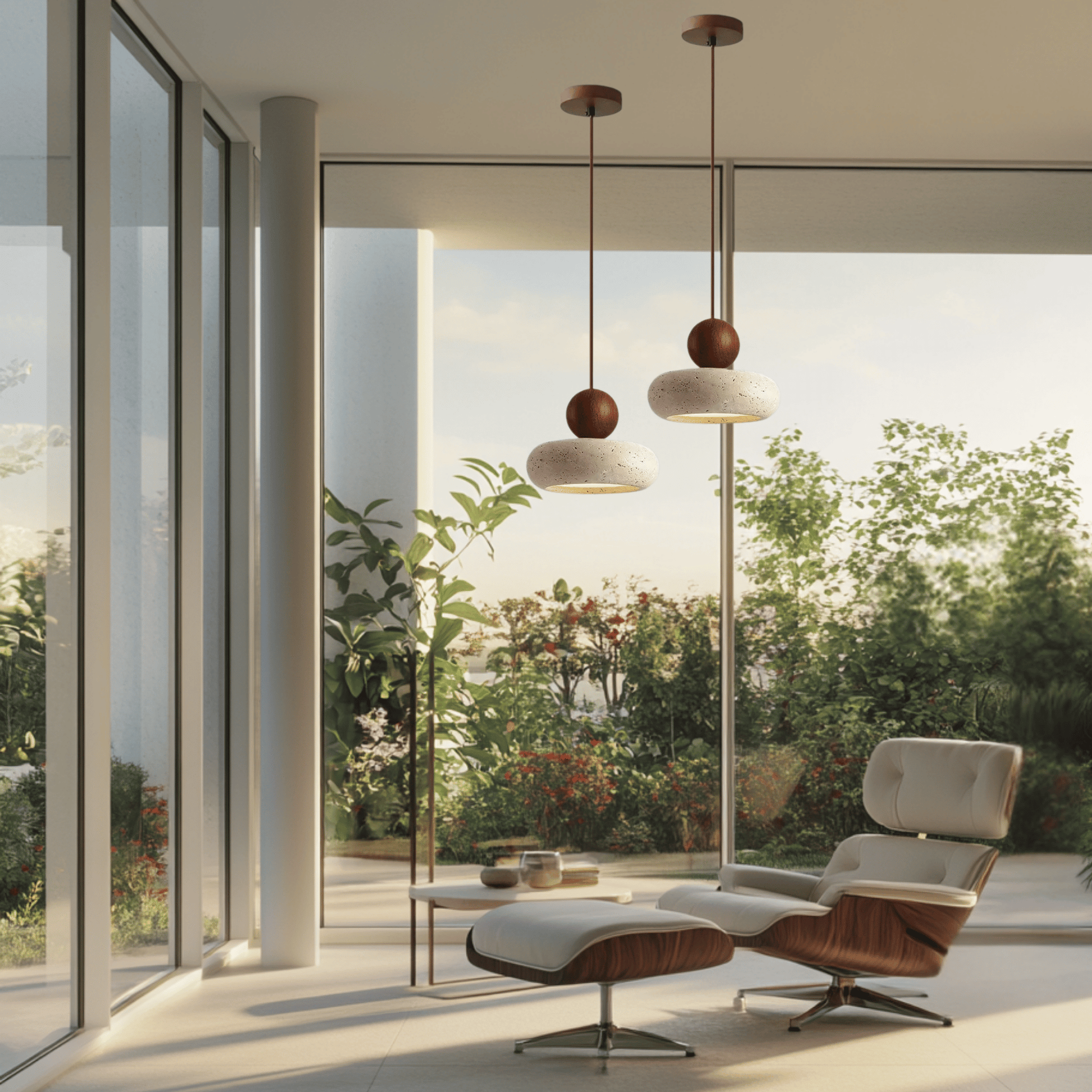 Sunlace Agate Pendant Lamp LED pair illuminating a modern lounge area with floor-to-ceiling windows and garden views, exuding natural elegance.