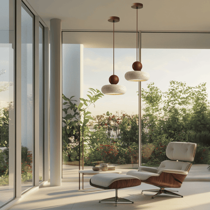 Sunlace Agate Pendant Lamp LED pair illuminating a modern lounge area with floor-to-ceiling windows and garden views, exuding natural elegance.