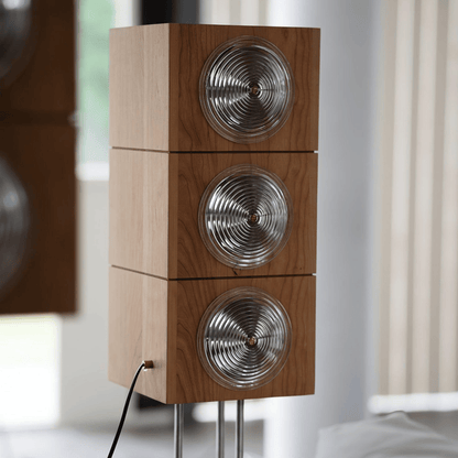 Wooden speaker with metallic cones on a stand in a room setting