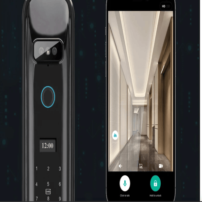 Smart doorbell with digital display and smartphone app interface showing a hallway.