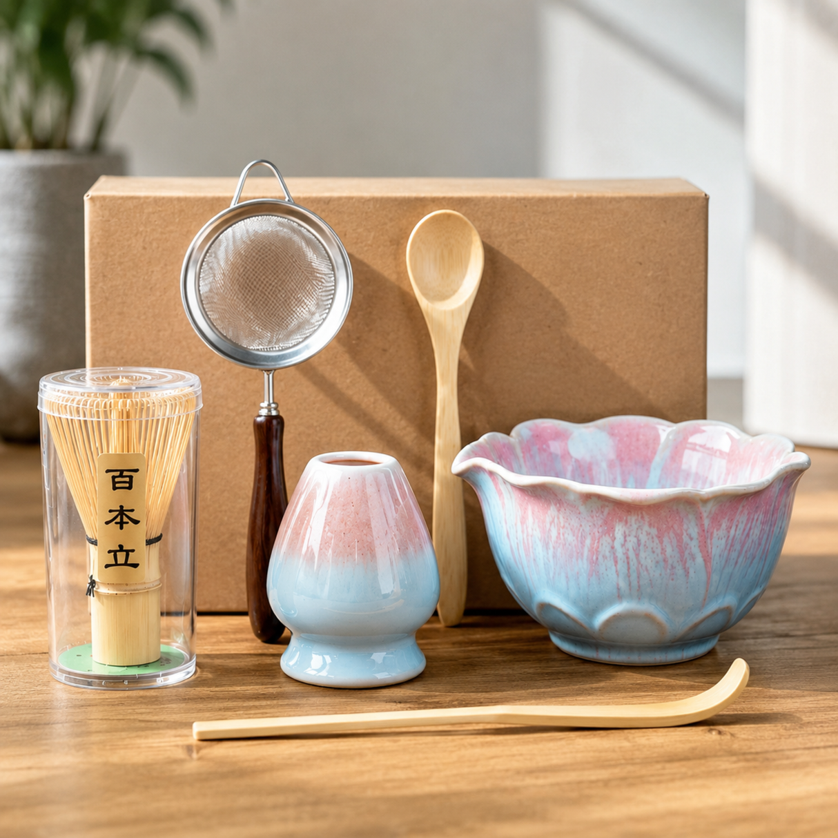 Ceramic tea set on a wooden table with a brown gift box behind it, including a pink-and-blue glazed bowl, small matching cup, bamboo whisk in a clear container, metal strainer, wooden spoon, and chopsticks.