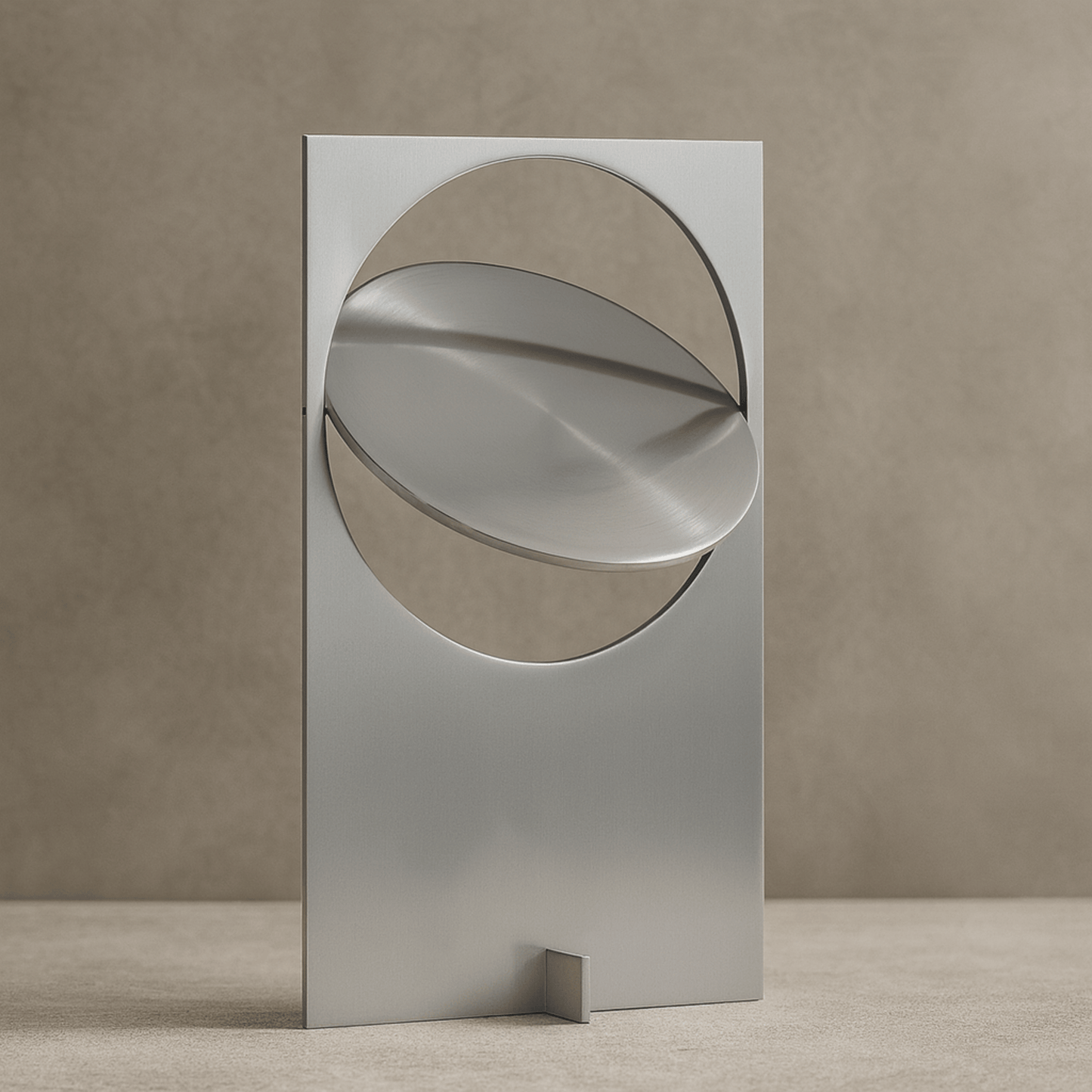 Modern metallic sculpture with geometric design on a neutral background