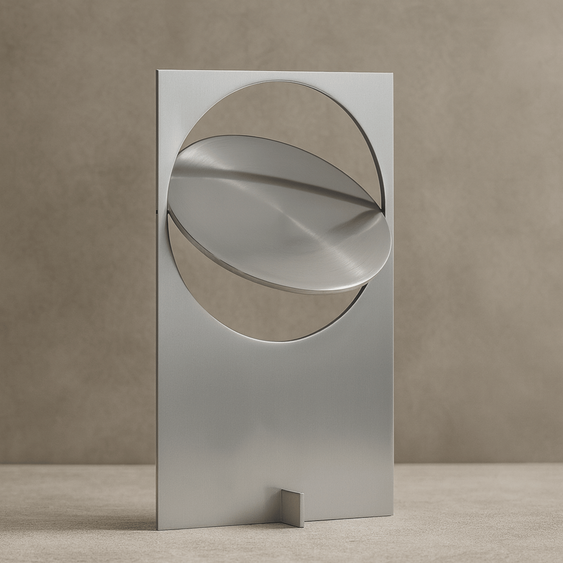 Modern metallic sculpture with geometric design on a neutral background