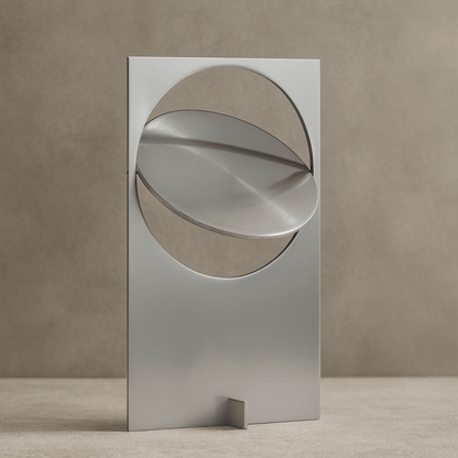 Modern metallic sculpture with geometric design on a neutral background