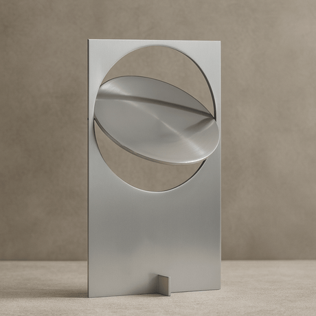 Modern metallic sculpture with geometric design on a neutral background