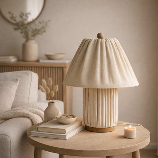 Beige table lamp on a wooden side table in a cozy living room setting.