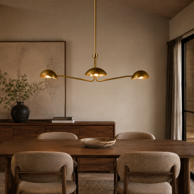 Dining room with a gold chandelier, wooden table, and chairs.
