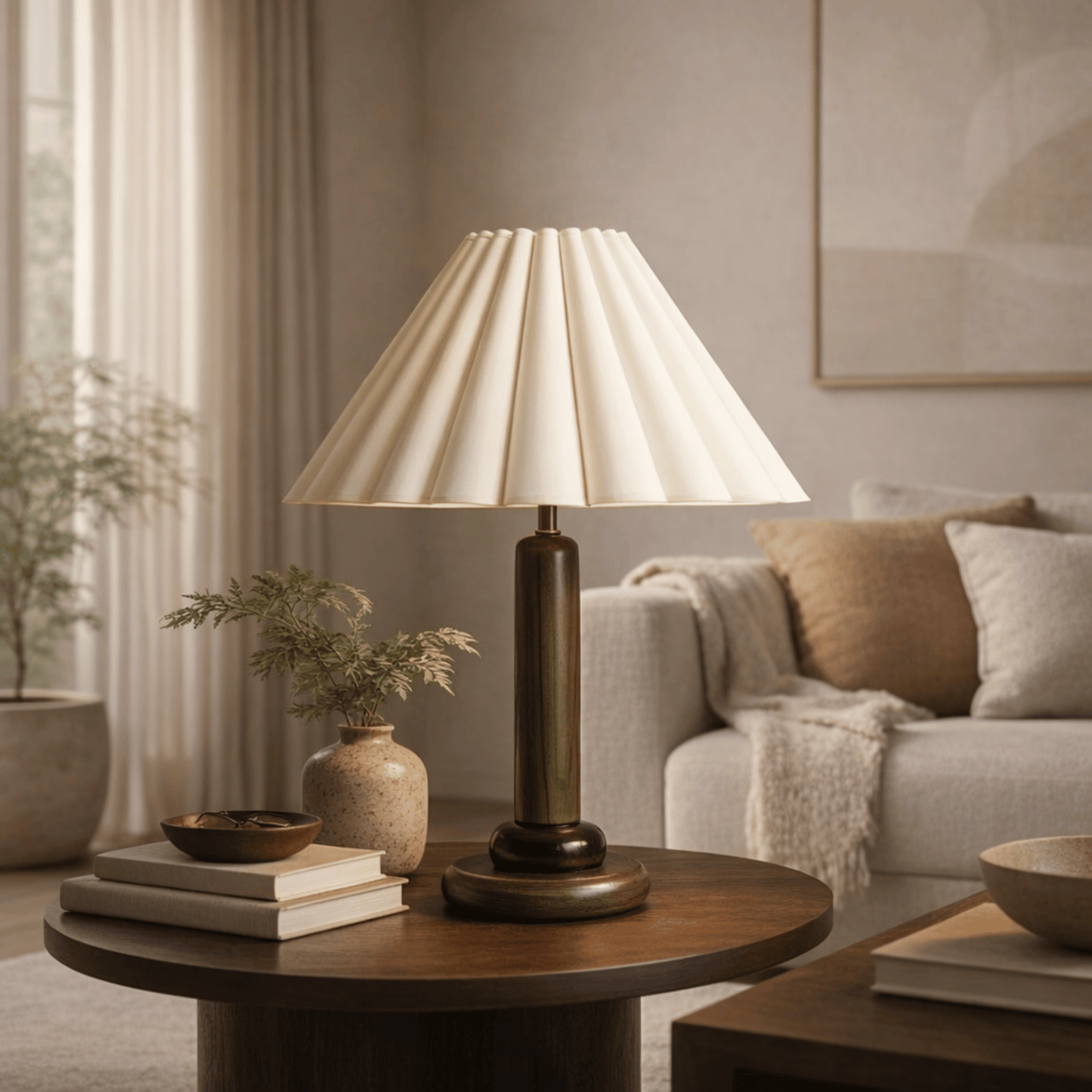 Lamp on a wooden table in a living room setting with a couch and decor.