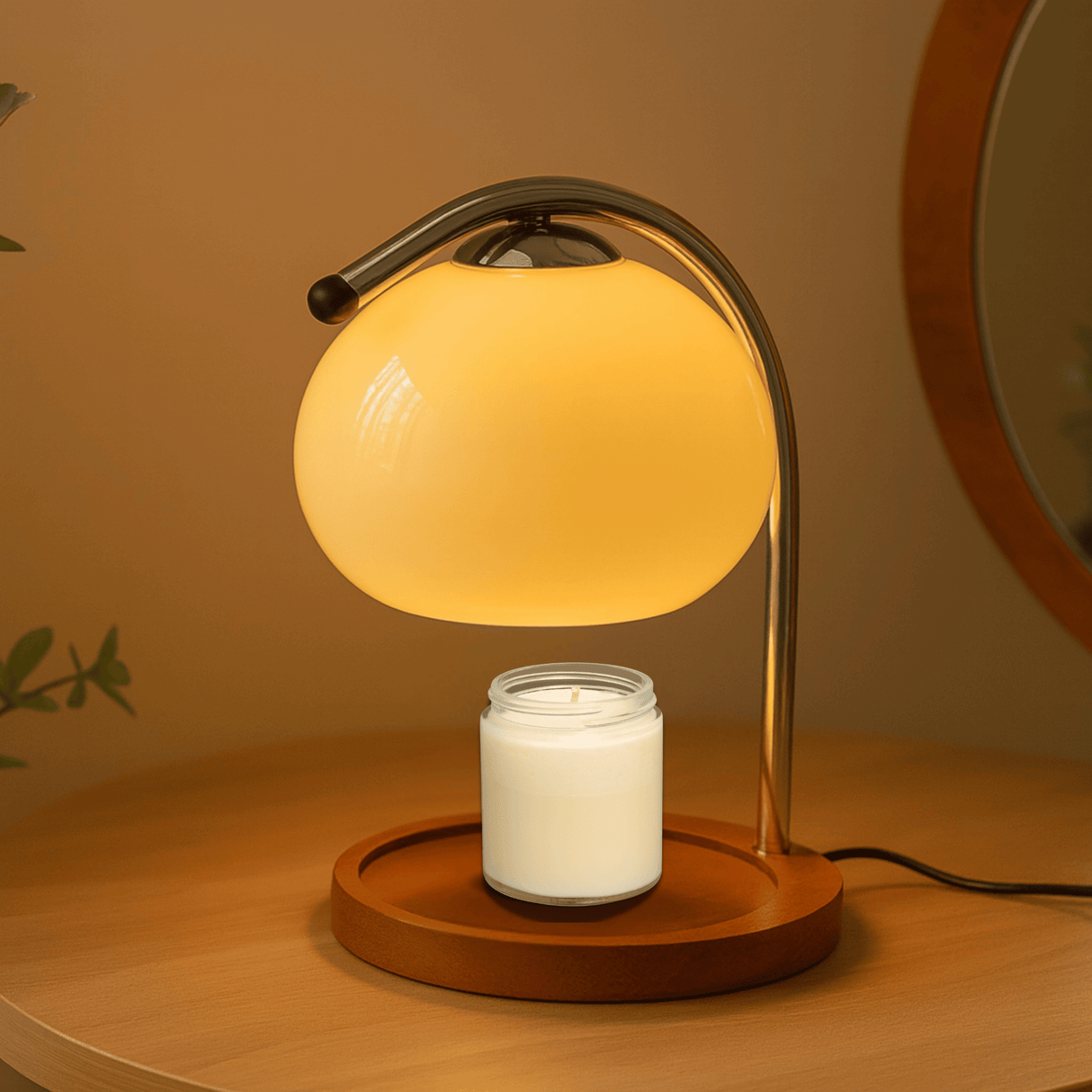 Table lamp with a candle on a wooden base against a warm background