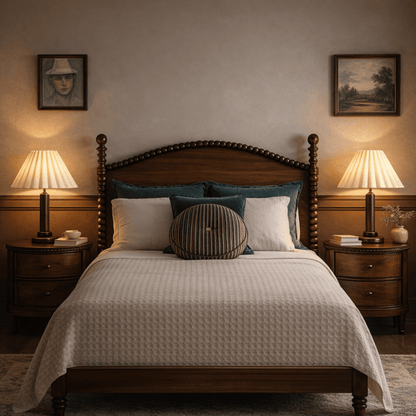 Bedroom with wooden bed, lamps, and framed pictures on a wall.