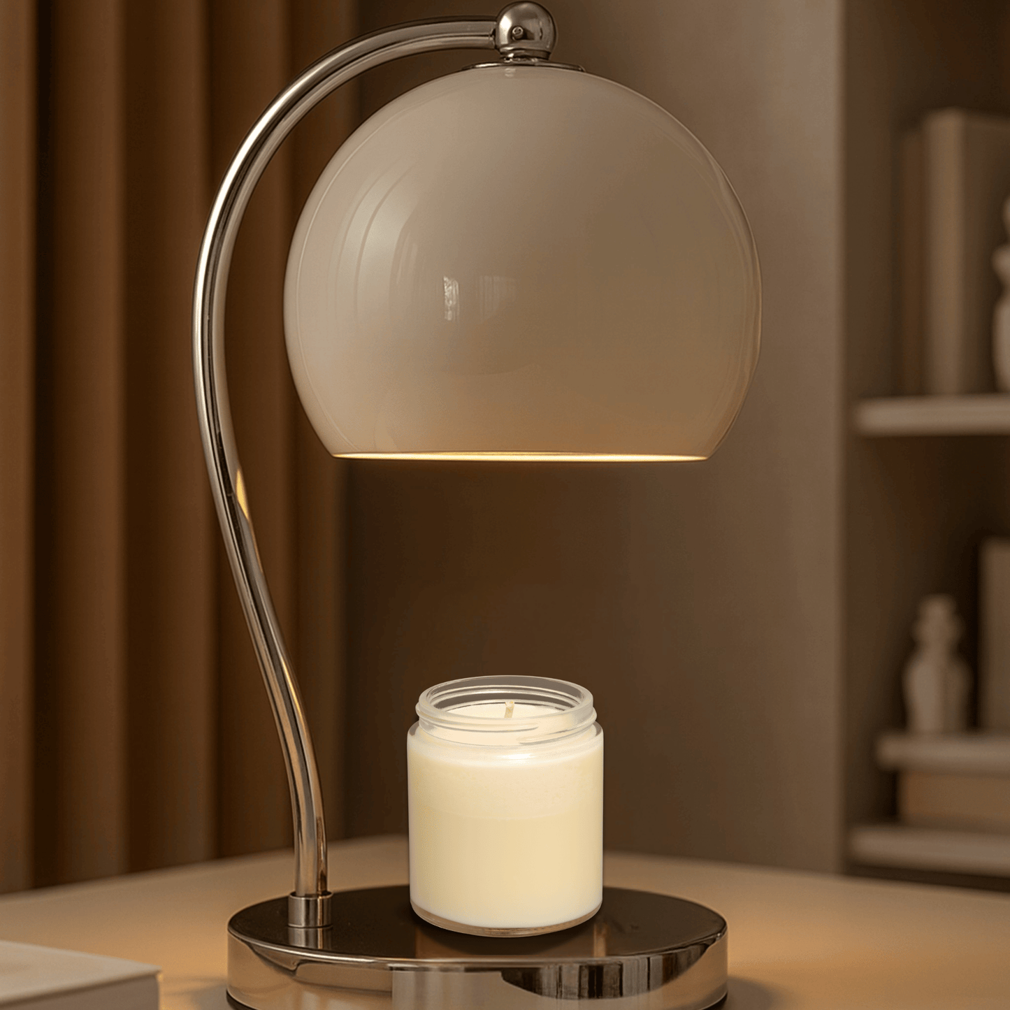Table lamp with white shade and metal base on a wooden surface.