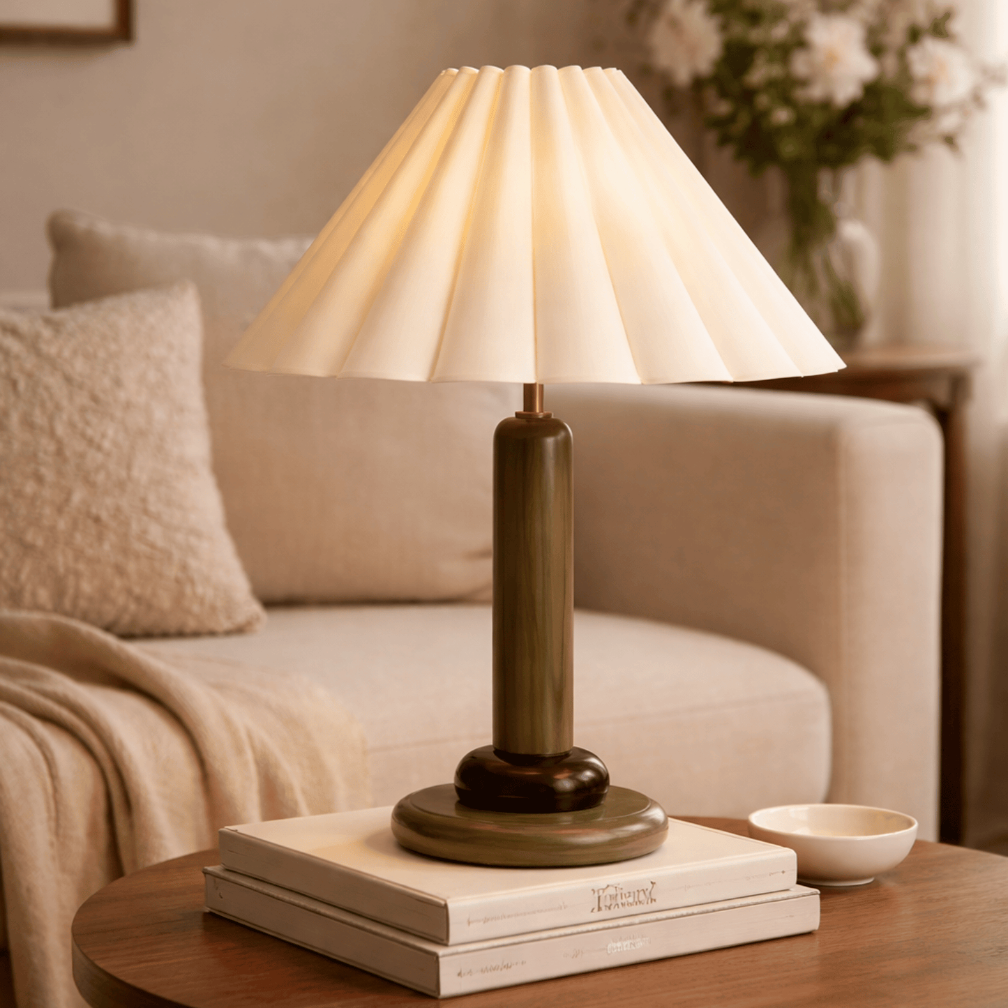 Table lamp with a beige shade on a wooden table in a cozy living room.