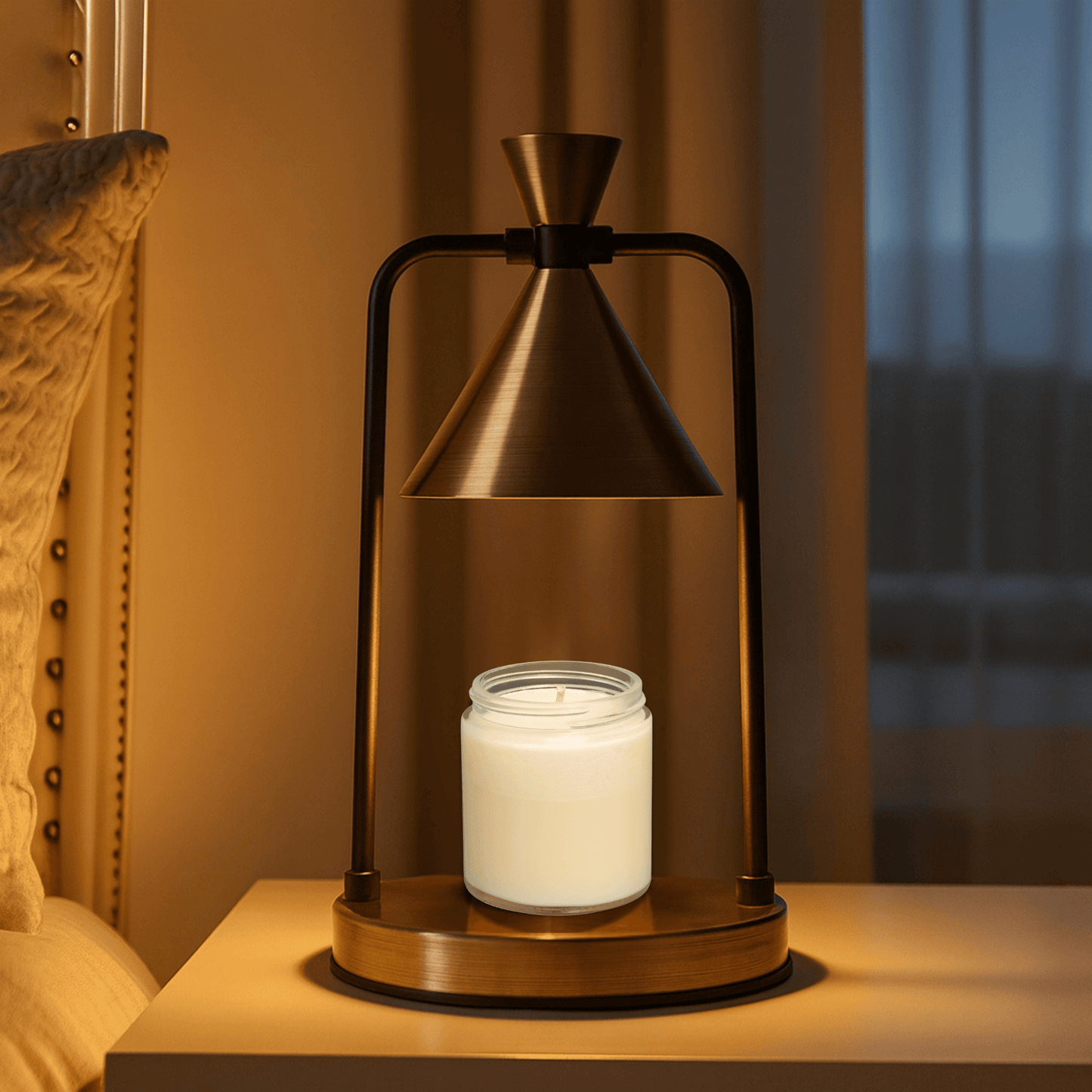 Modern table lamp with silver cone-shaped shade and gold accents on a beige background