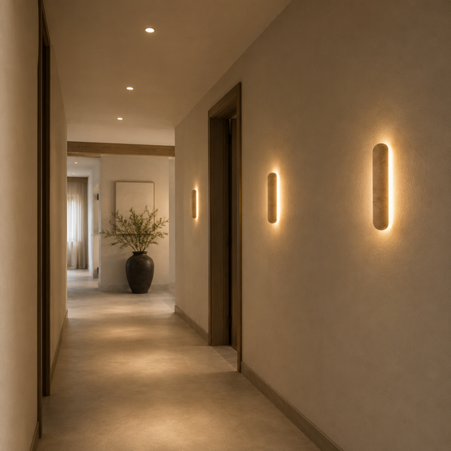 Modern hallway with wall-mounted lights and a vase of flowers.