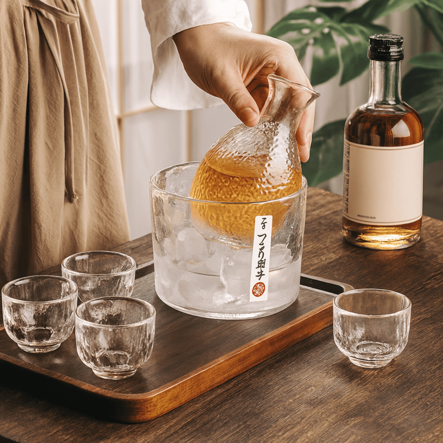 Person pouring a clear liquid from a carafe into a glass on a wooden tray with a bottle of alcohol in the background.