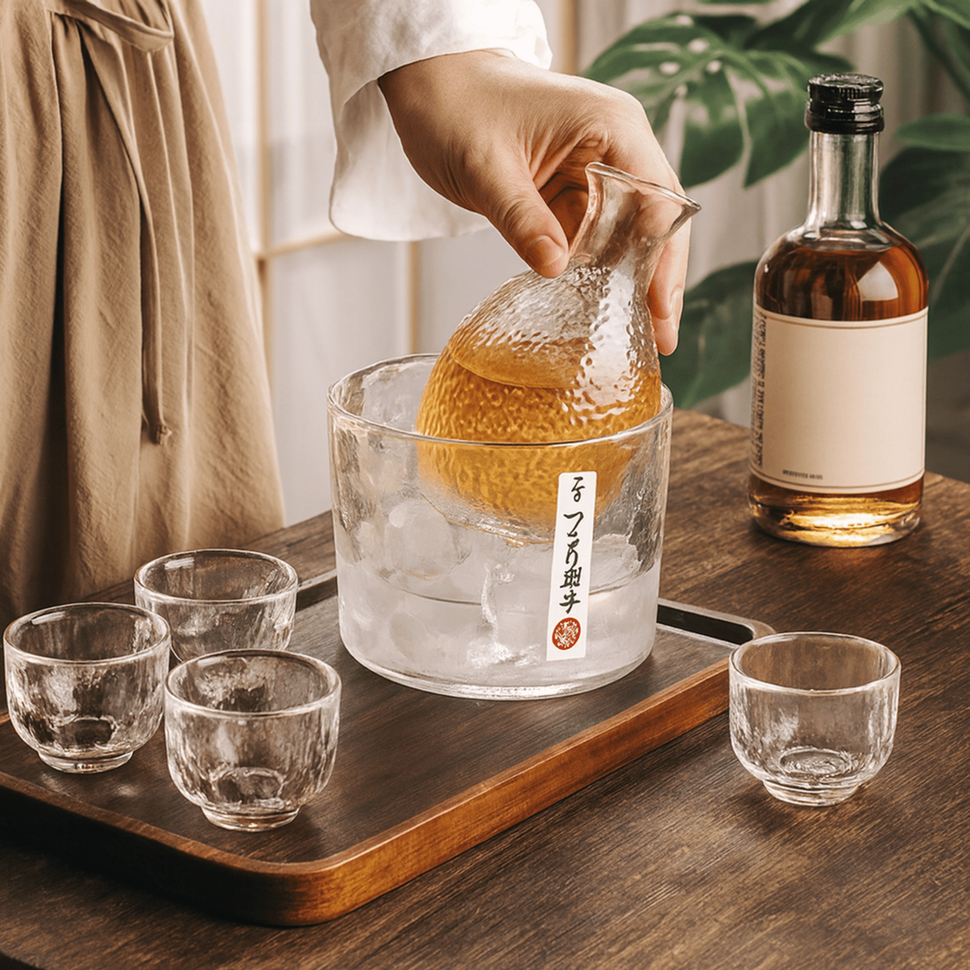 Person pouring a clear liquid from a carafe into a glass on a wooden tray with a bottle of alcohol in the background.