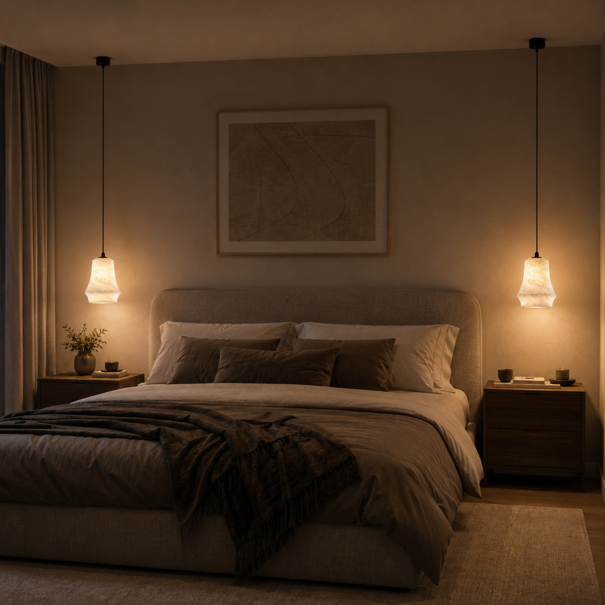 Cozy bedroom with a bed, nightstands, and wall art in warm lighting.