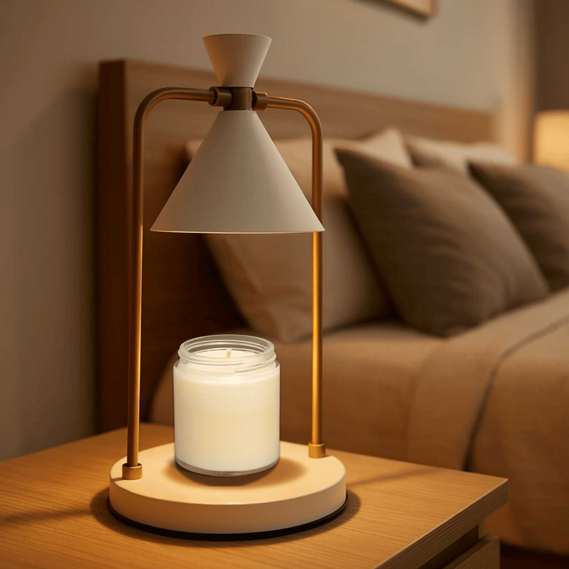 Modern table lamp with white cone-shaped shade and gold accents on a beige background