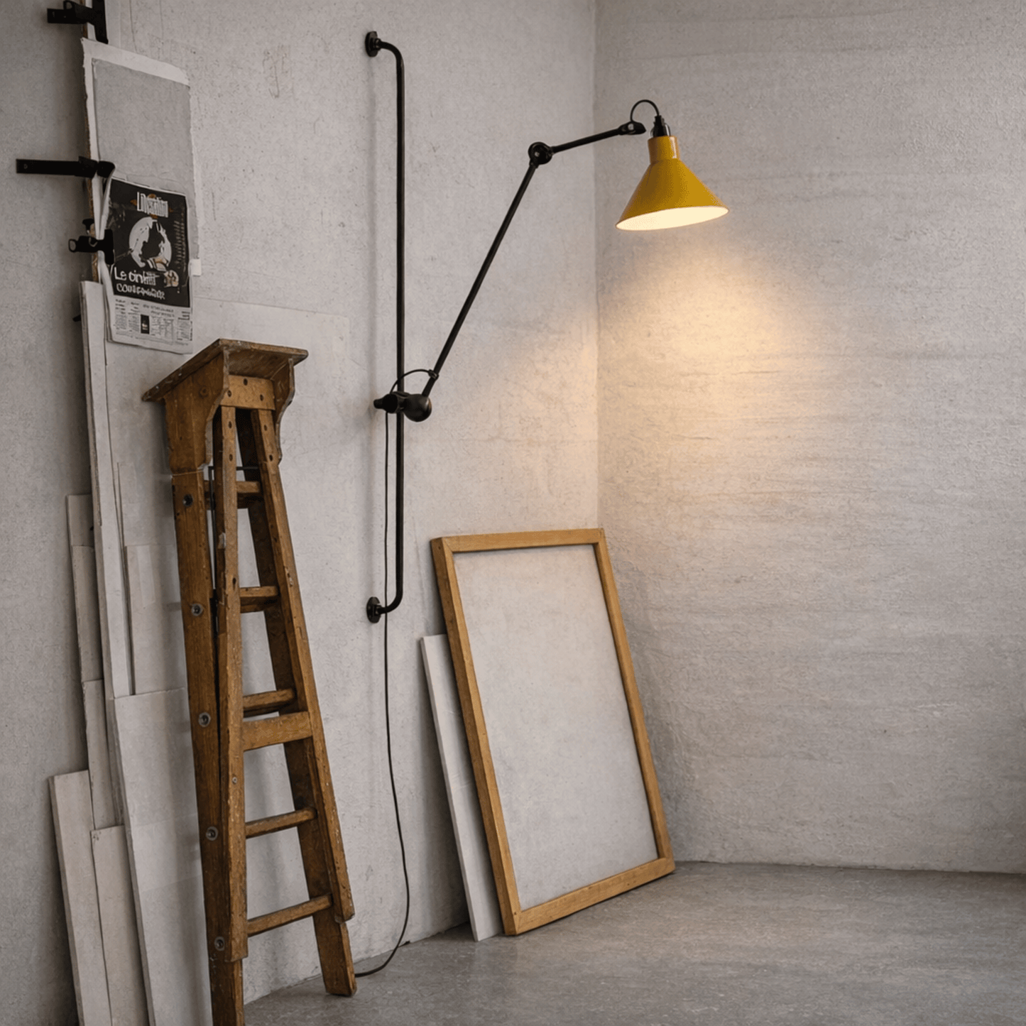 Yellow wall lamp with black arm next to a wooden ladder and large mirror against a gray brick wall.