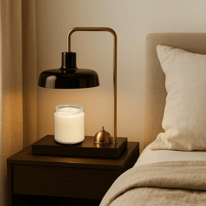 Modern desk lamp with black shade and gold arm on a white background