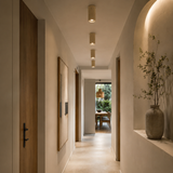 Modern hallway with a vase on a ledge and a view into a room with a table and chairs.