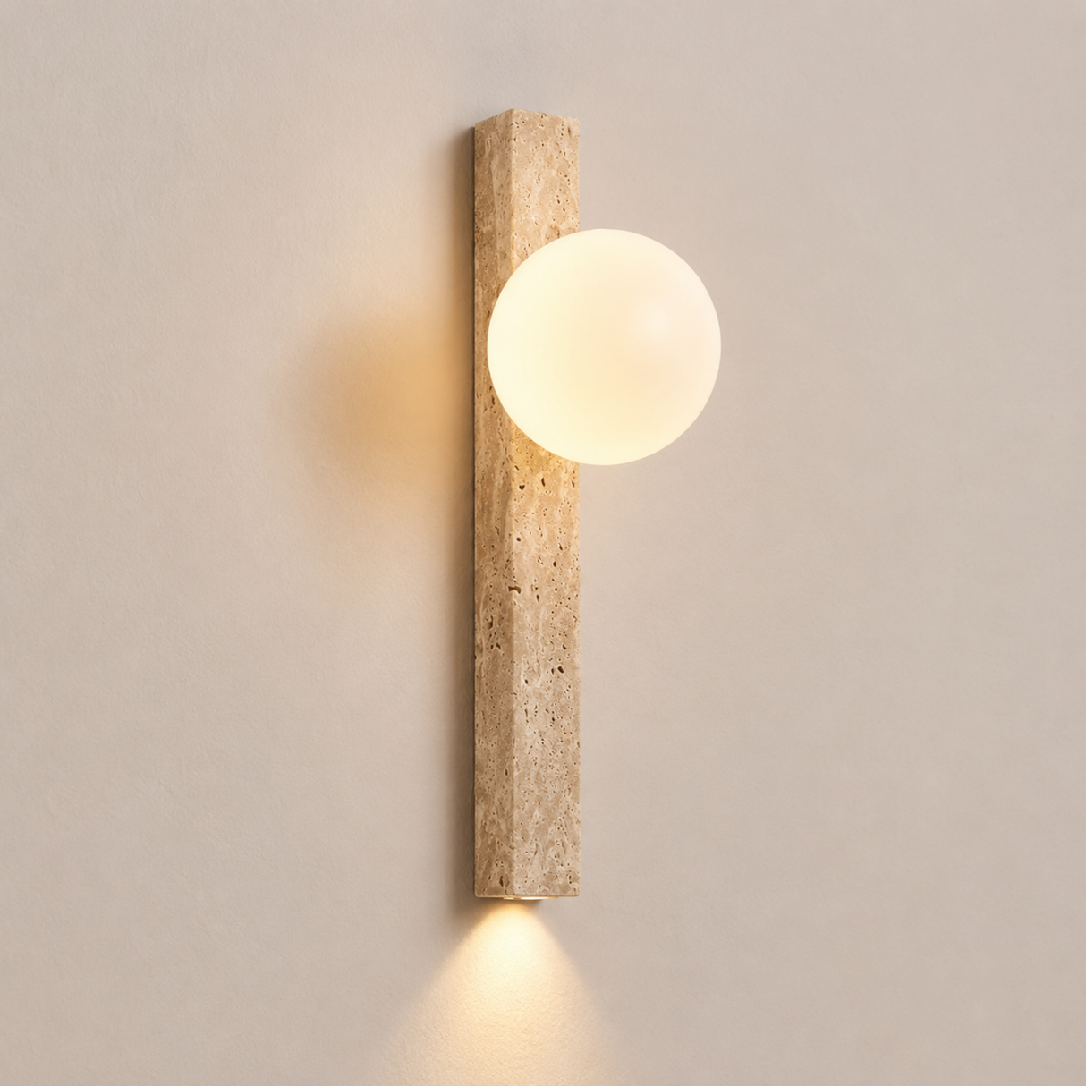 Wall-mounted light fixture with a cylindrical wooden casing and round glass shade on a neutral wall.