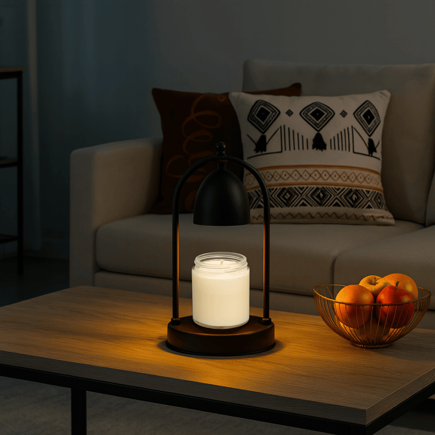 Candle lantern on a wooden table with a bowl of oranges in a dimly lit room.