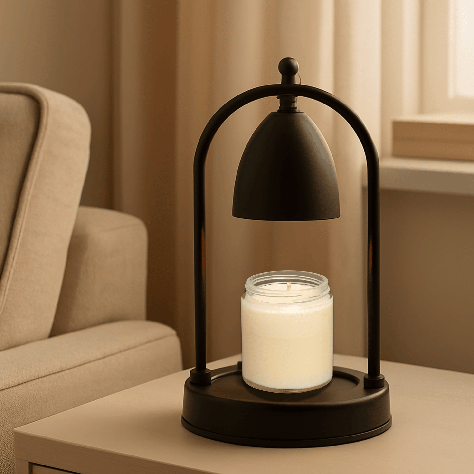 Black lamp with a candle on a table in a room with beige curtains and furniture.
