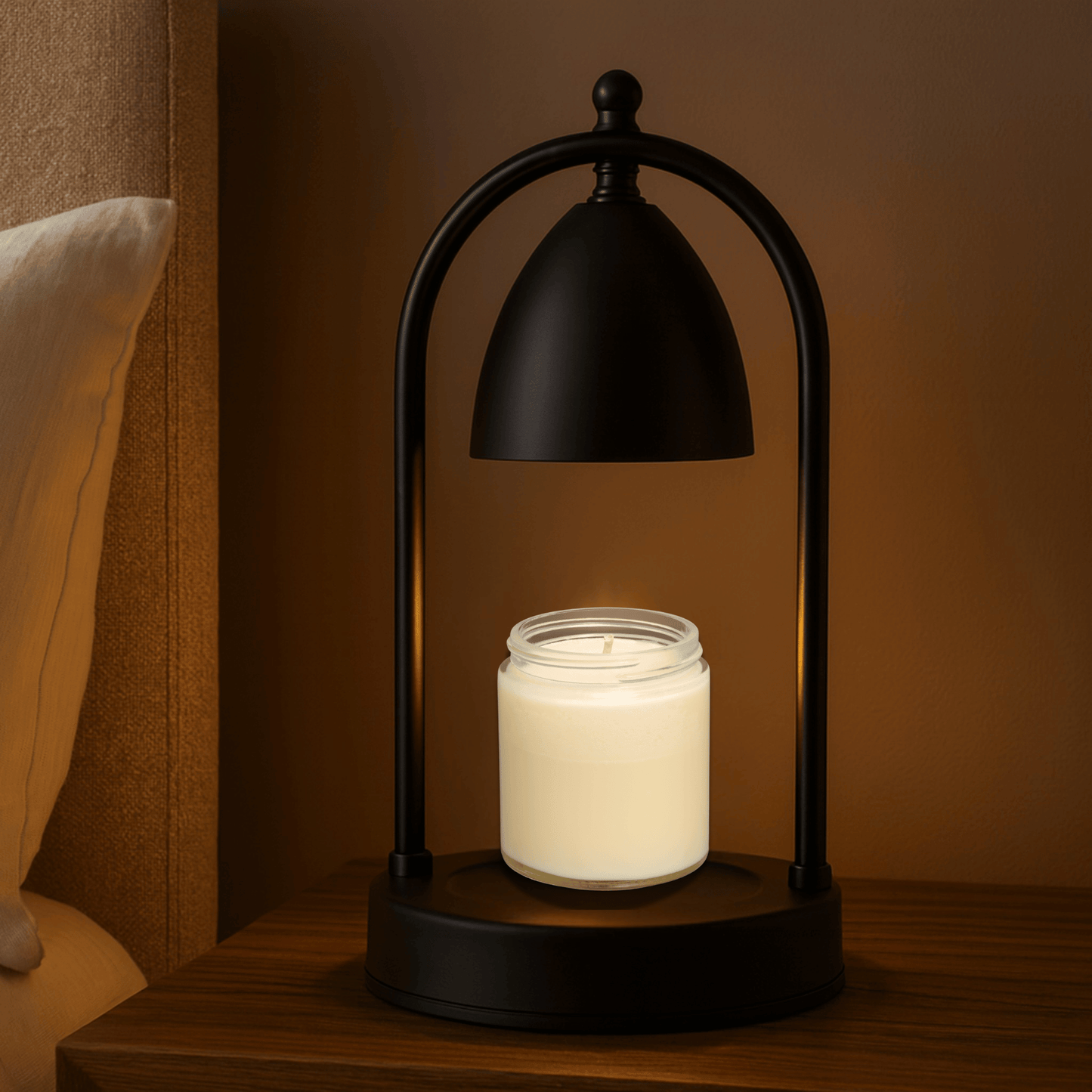 Black table lamp with a lit candle on a wooden surface against a warm brown background.