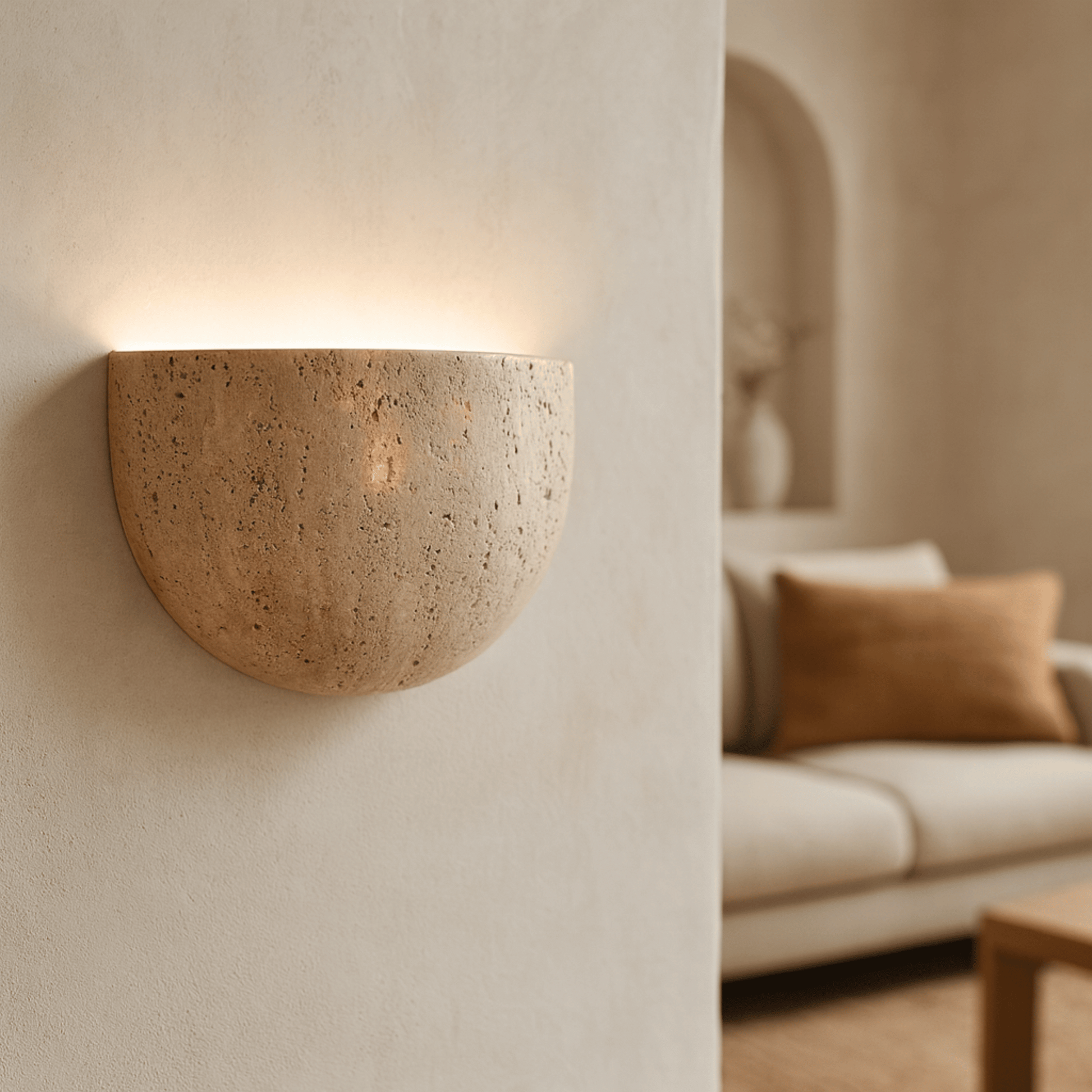 Concrete wall sconce in a modern living room setting