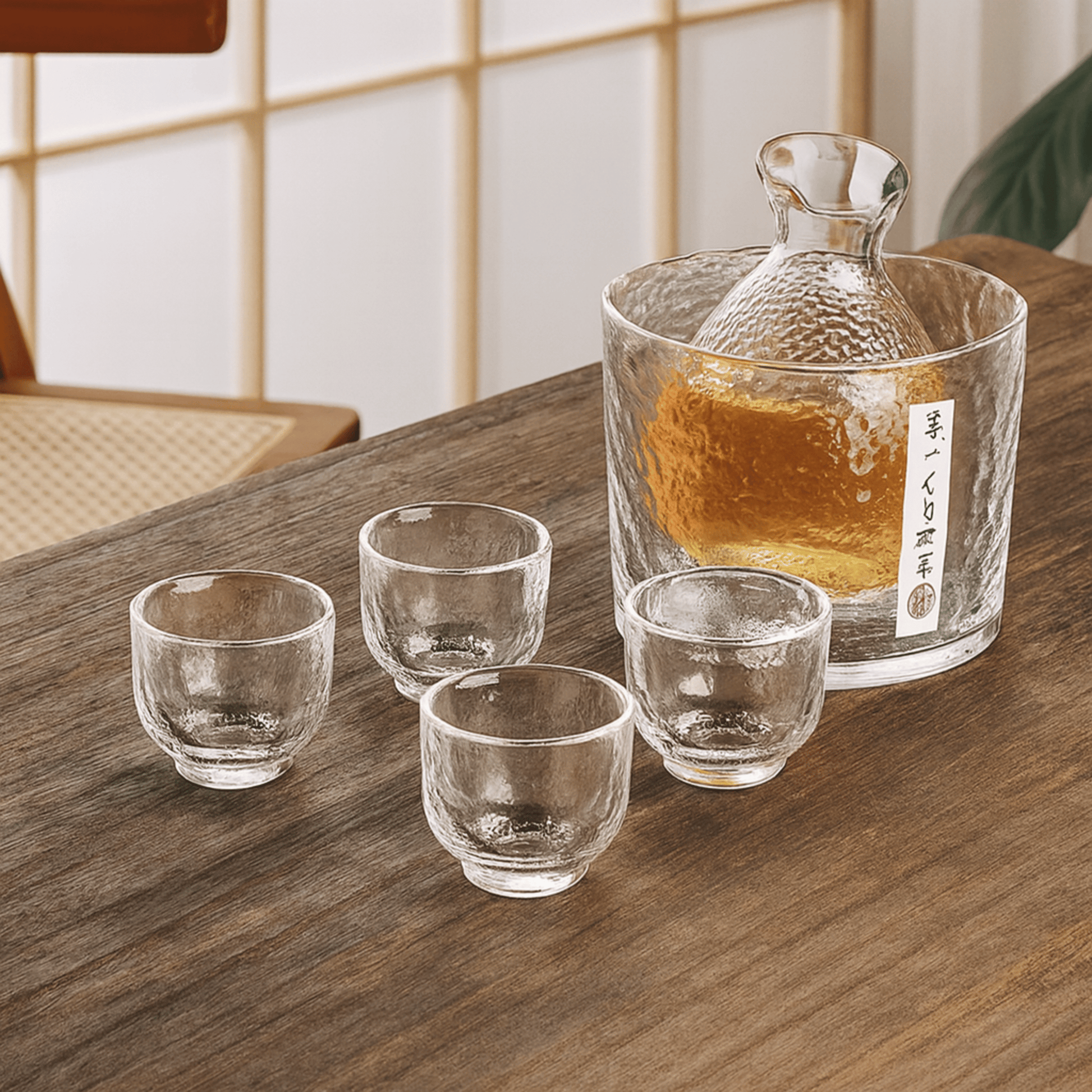 Clear glass decanter and cups on a wooden table with a blurred background