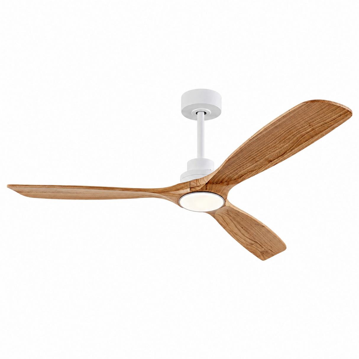 Ceiling fan with wooden blades on a white background
